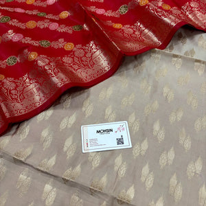 Beige and Red Persian Lau Banarasi Silk Suit