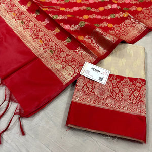 Beige and Red Persian Lau Banarasi Silk Suit