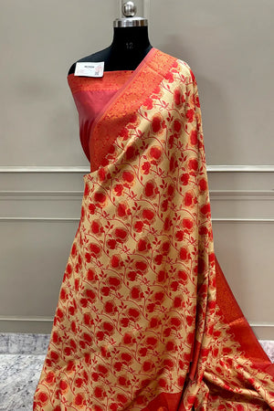 Beige and Red Resham Silk Banarasi Saree