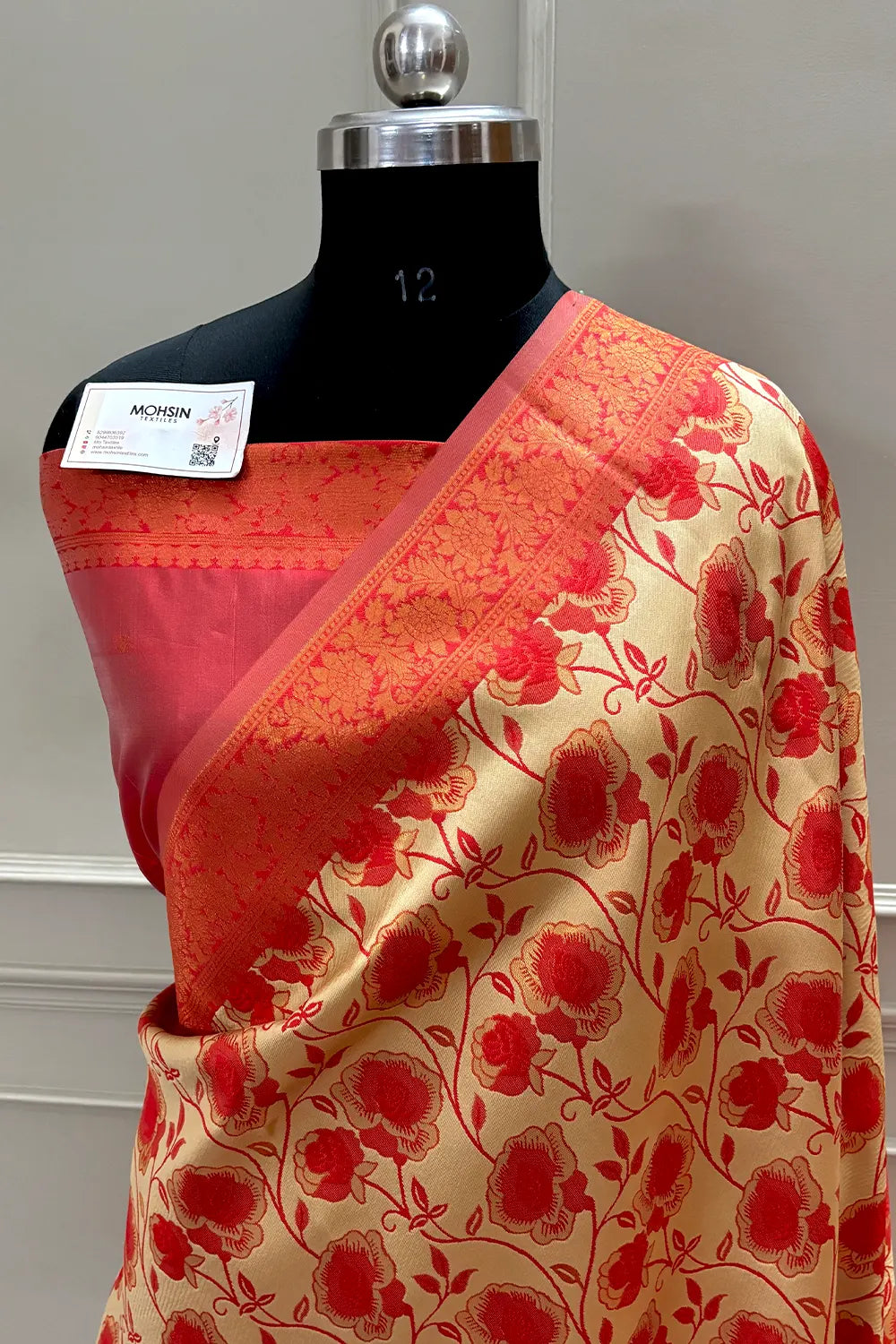 Beige and Red Resham Silk Banarasi Saree