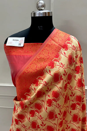 Beige and Red Resham Silk Banarasi Saree