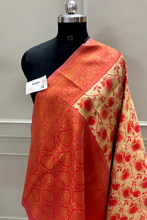 Beige and Red Resham Silk Banarasi Saree