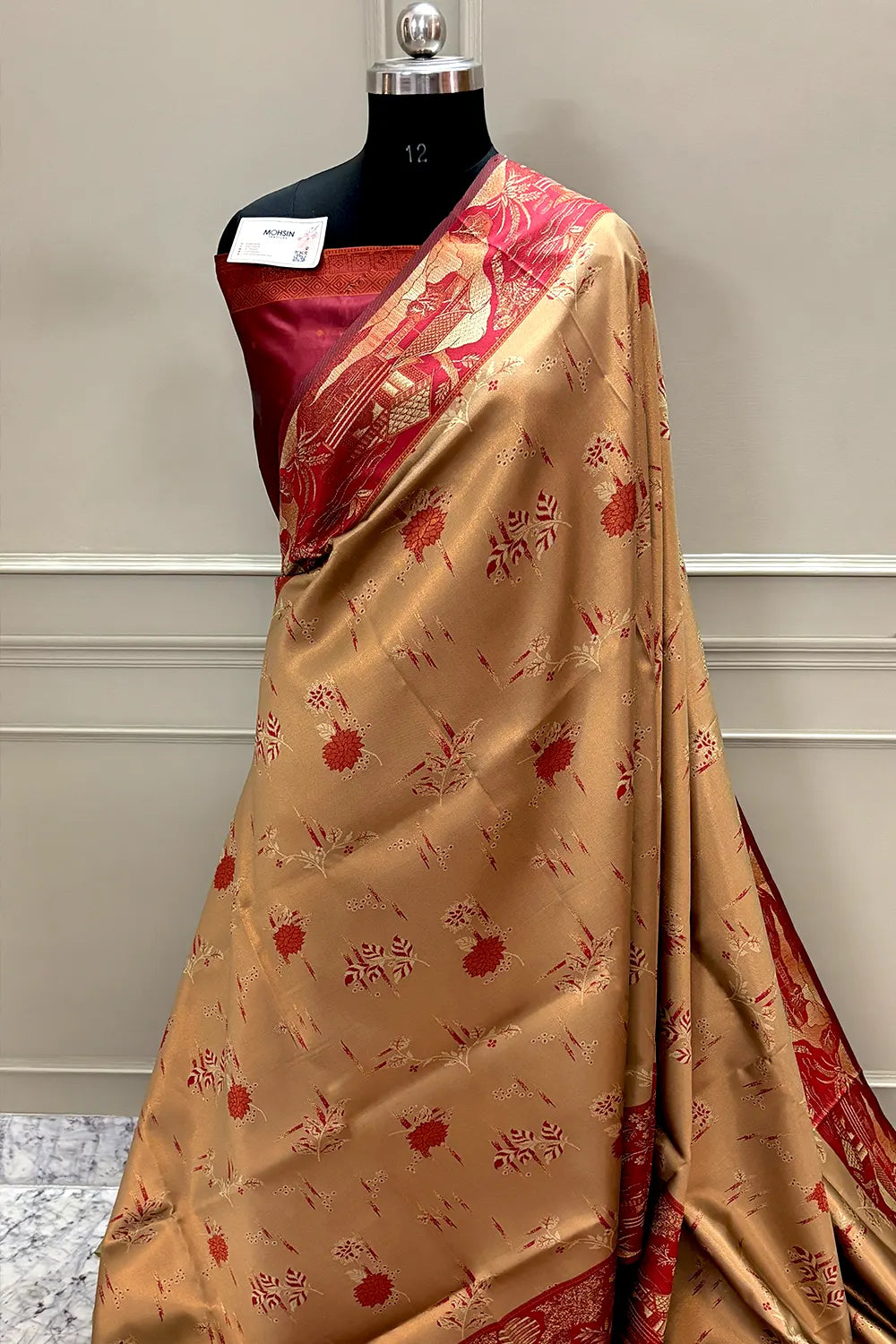 Beige and Red Resham Zari Banarasi Silk Saree