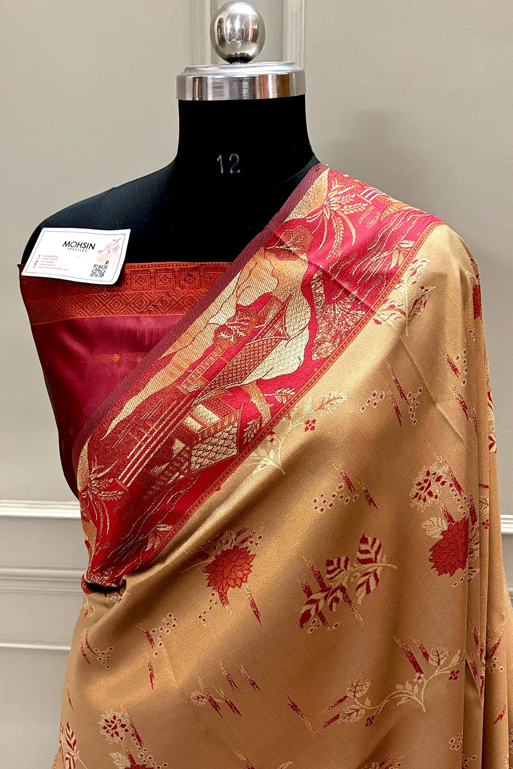Beige and Red Resham Zari Banarasi Silk Saree