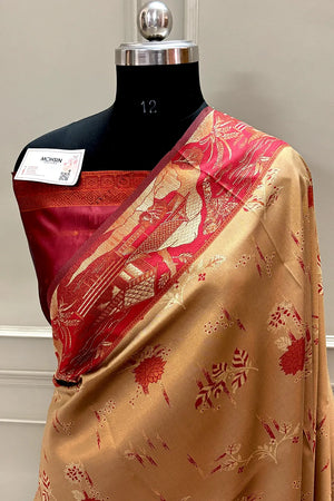 Beige and Red Resham Zari Banarasi Silk Saree