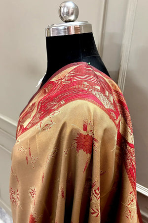 Beige and Red Resham Zari Banarasi Silk Saree