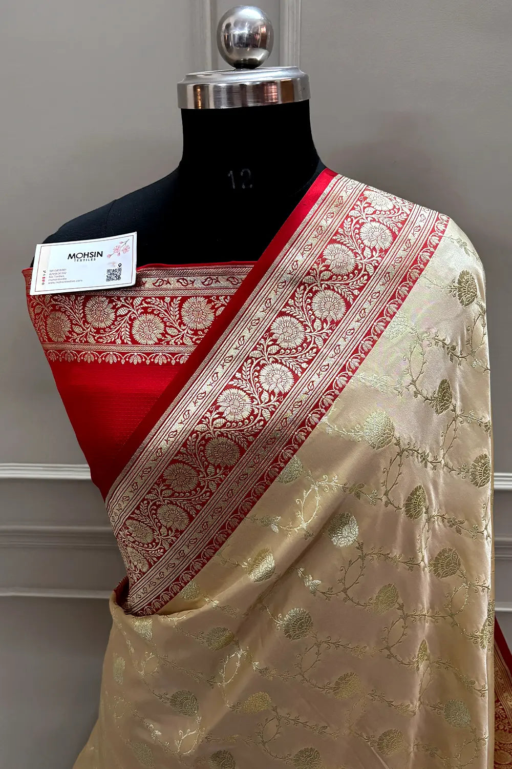 Beige and Red Ropeway Jaal Katan Mashru Silk Banarasi Saree