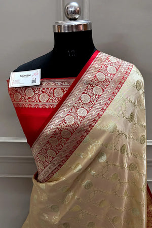 Beige and Red Ropeway Jaal Katan Mashru Silk Banarasi Saree