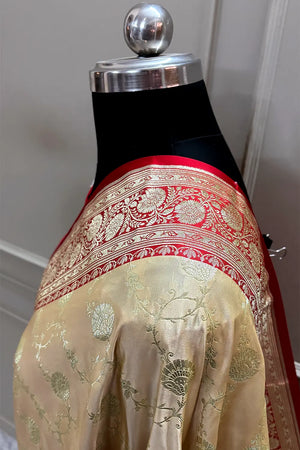 Beige and Red Ropeway Jaal Katan Mashru Silk Banarasi Saree