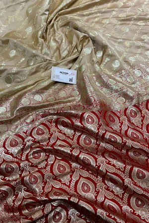 Beige and Red Ropeway Jaal Katan Mashru Silk Banarasi Saree