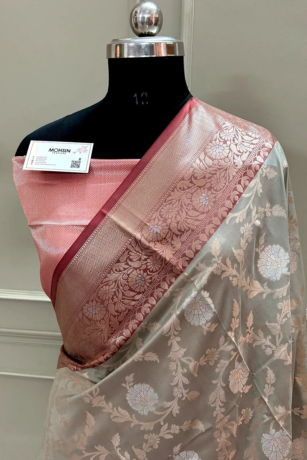 Beige and Red Zari Banarasi Silk Saree