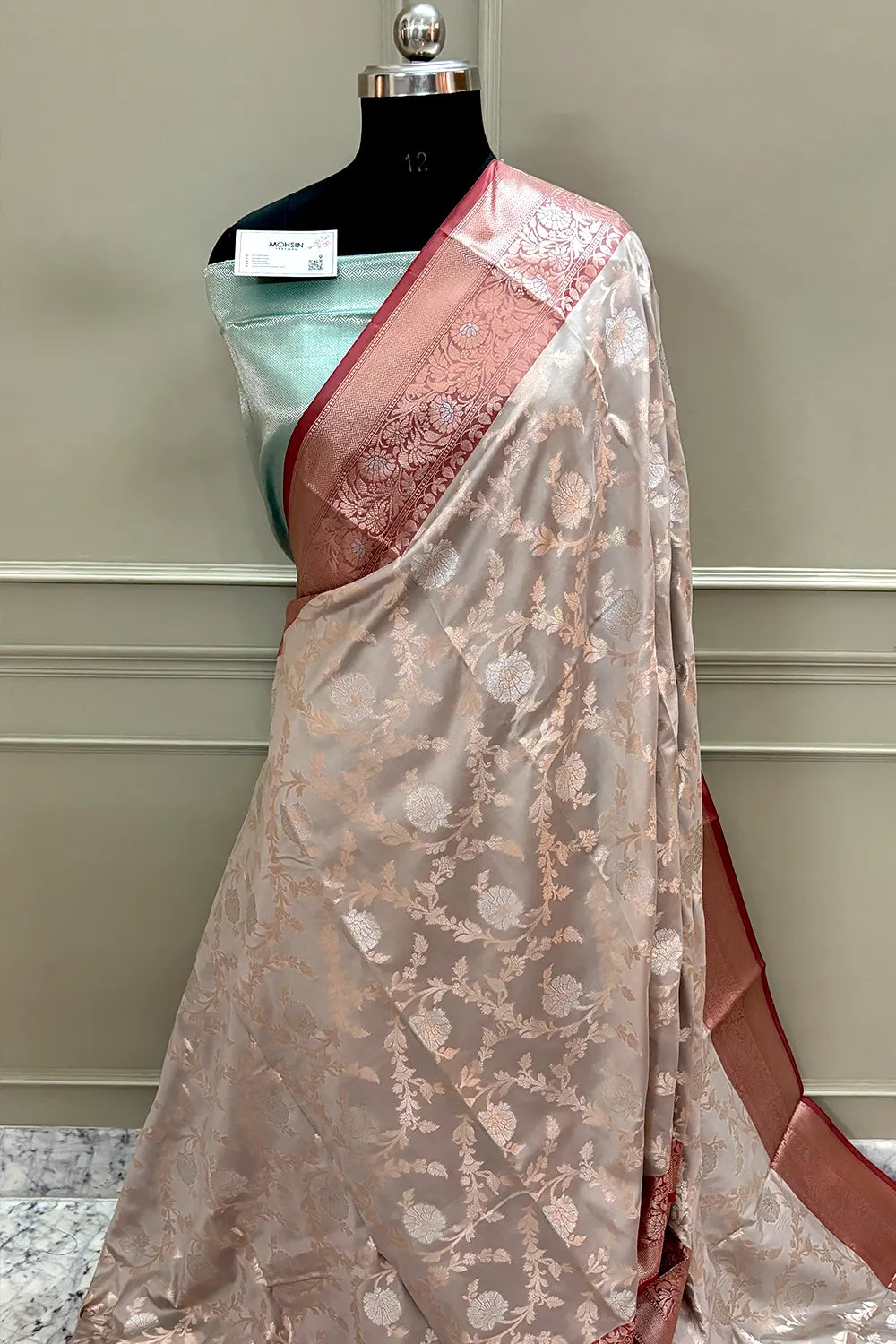 Beige and Sea Green Zari Banarasi Silk Saree