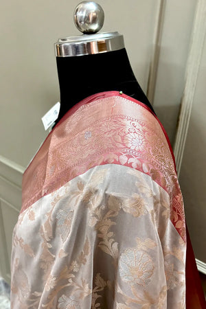 Beige and Sea Green Zari Banarasi Silk Saree