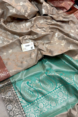 Beige and Sea Green Zari Banarasi Silk Saree