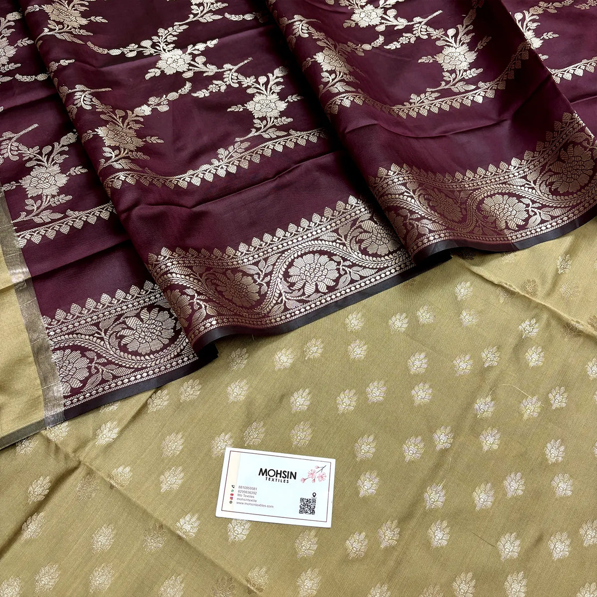 Beige and Wine Ghat Buti Semi Katan Silk Banarasi Suit