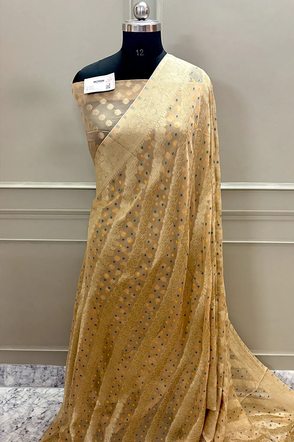 Beige Bandhej Georgette Silk Banarasi Saree