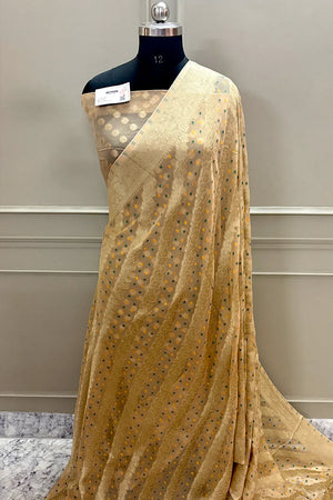 Beige Bandhej Georgette Silk Banarasi Saree