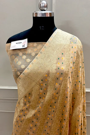 Beige Bandhej Georgette Silk Banarasi Saree