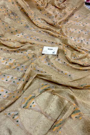 Beige Bandhej Georgette Silk Banarasi Saree