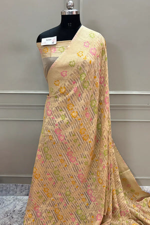 Beige Bandhej Meena Georgette Silk Banarasi Saree