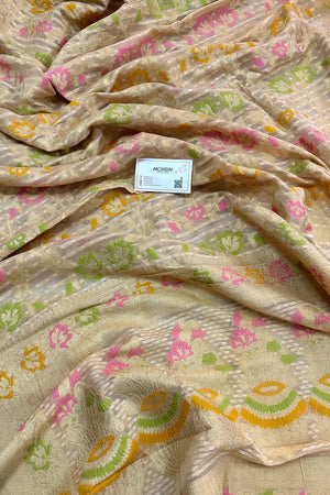 Beige Bandhej Meena Georgette Silk Banarasi Saree