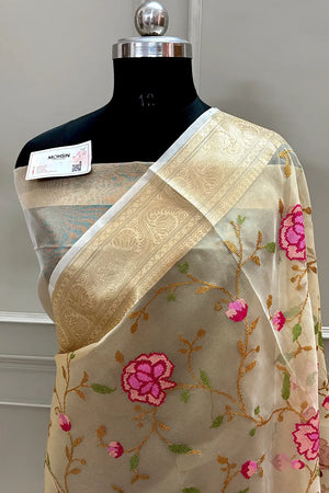 Beige Embroidery Net Banarasi Saree