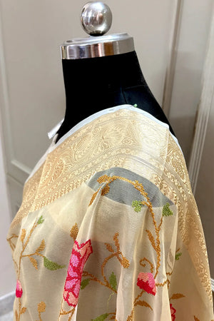 Beige Embroidery Net Banarasi Saree