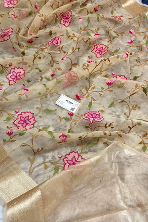 Beige Embroidery Net Banarasi Saree