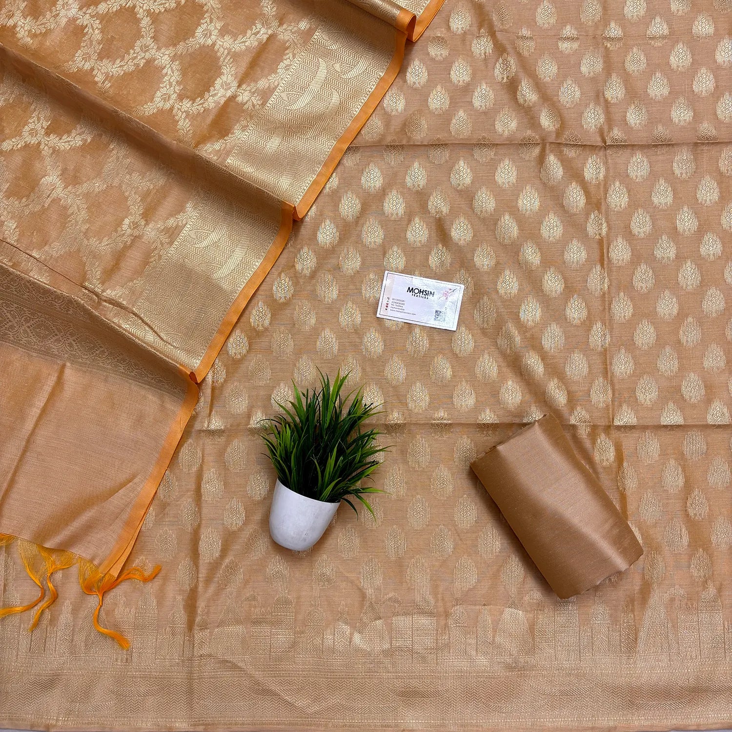 Beige Ghat Buti Banarasi Silk Suit