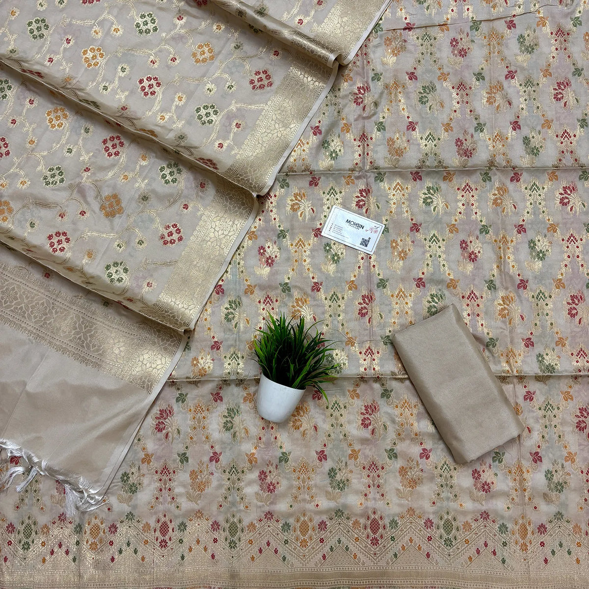 Beige Meenakari Katan Silk Banarasi Suit
