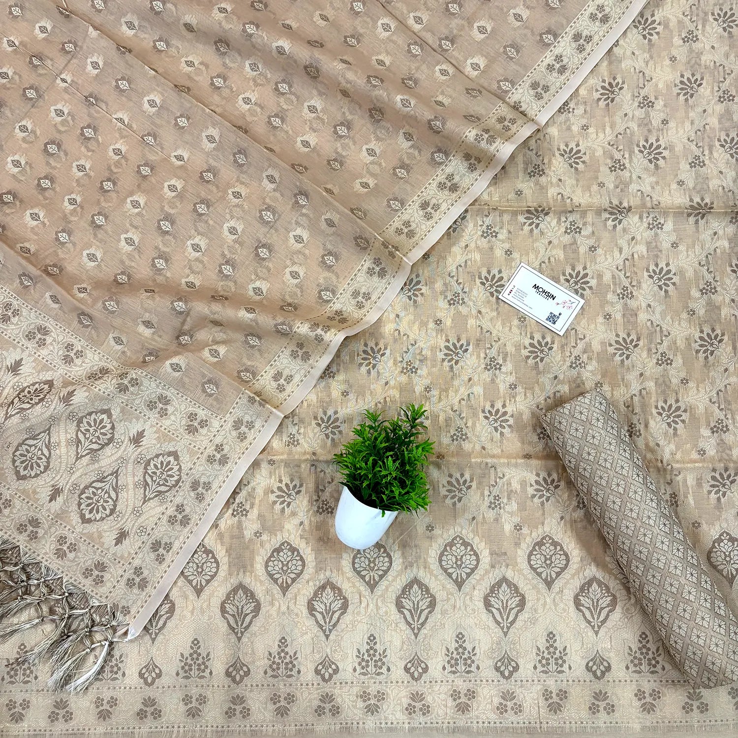 Beige Mogambo Jaal Cotton Silk Banarasi Suit