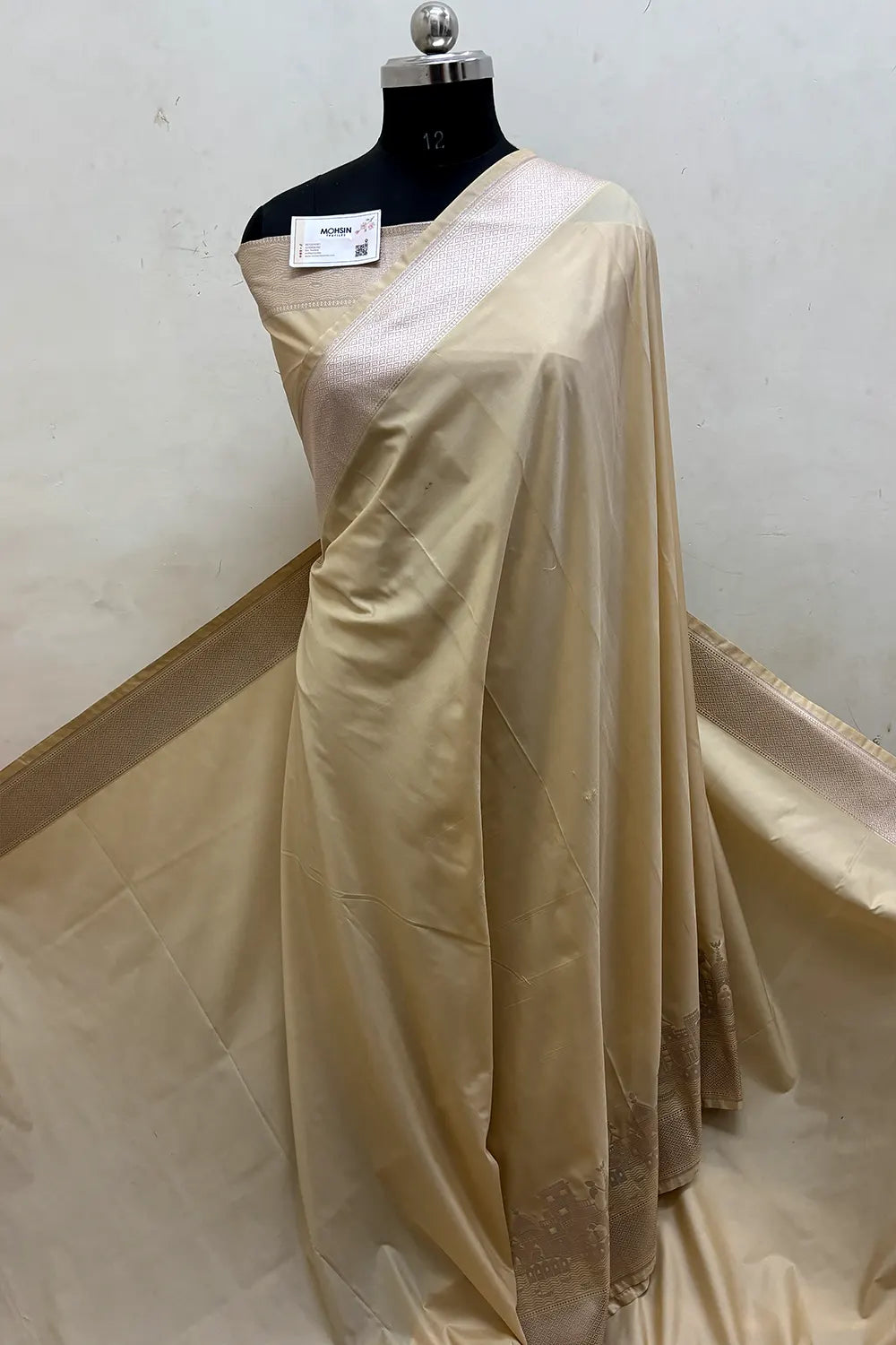 Beige Plain Ghat Katan Silk Banarasi Saree