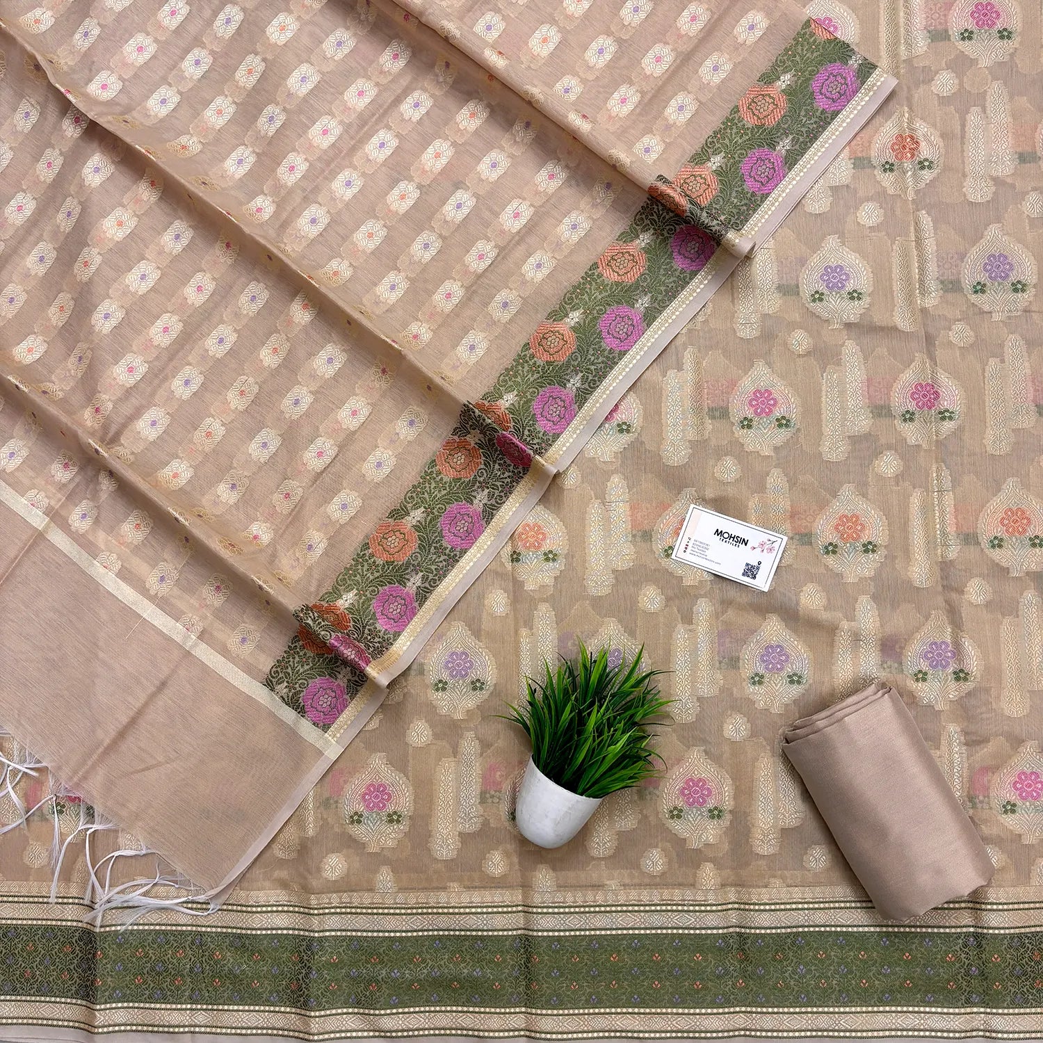 Beige Resham Banarasi Silk Suit