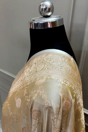 Beige Ropeway Jaal Katan Mashru Silk Banarasi Saree
