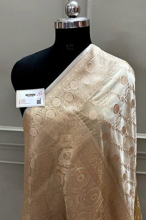 Beige Ropeway Jaal Katan Mashru Silk Banarasi Saree
