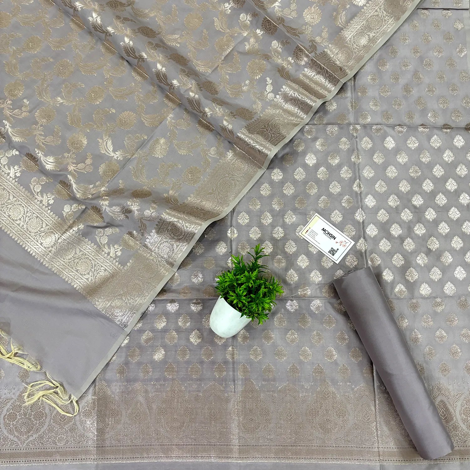 Beige Singhasan Buti Satin Silk Banarasi Suit