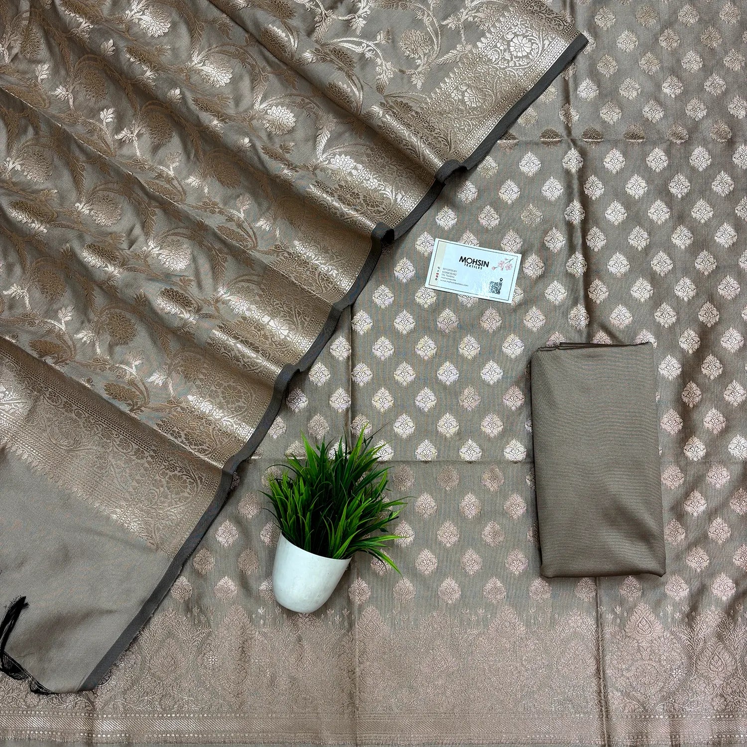 Beige Singhasan Buti Semi Katan Silk Banarasi Suit