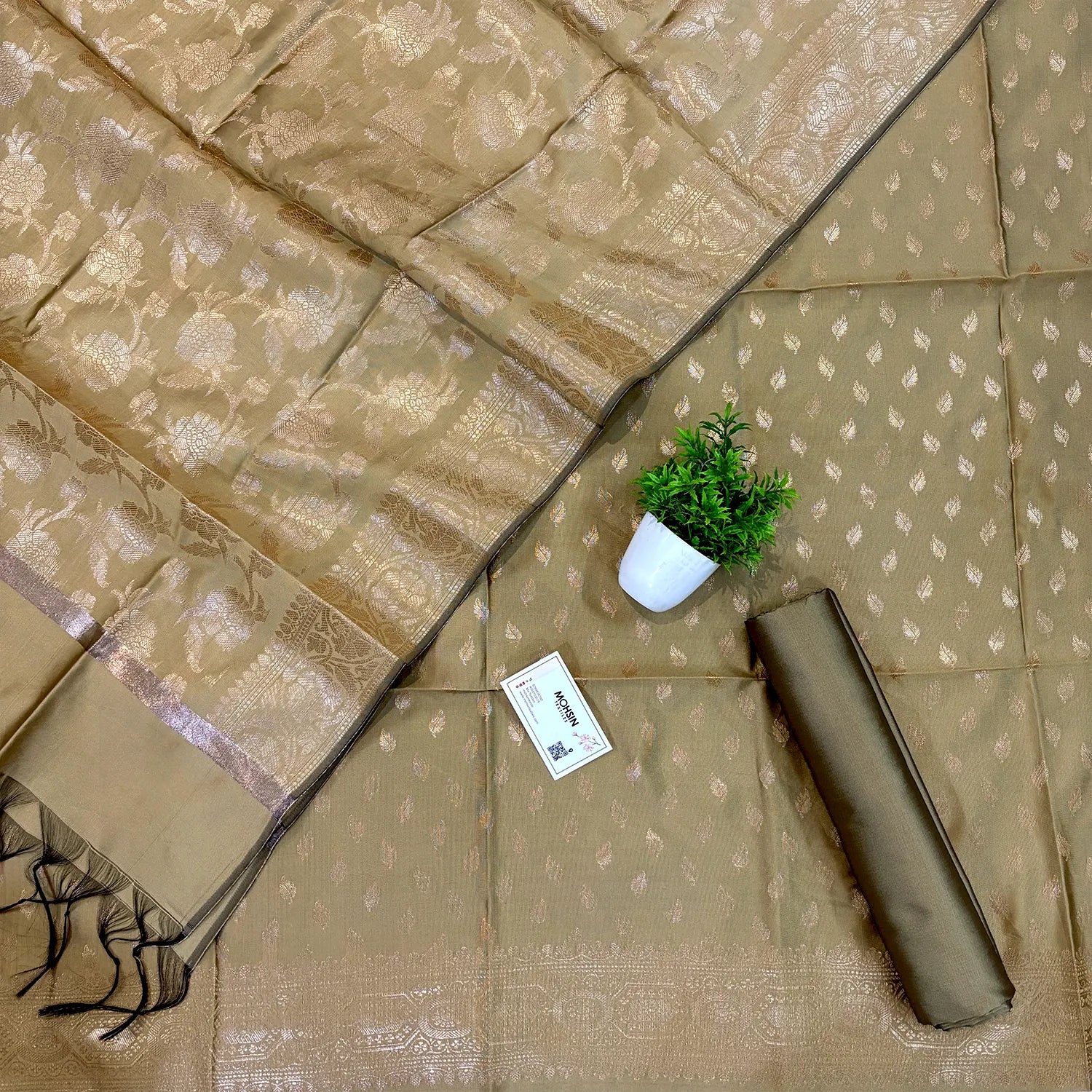 Beige Sunehri Pankh Satin Silk Banarasi Suit