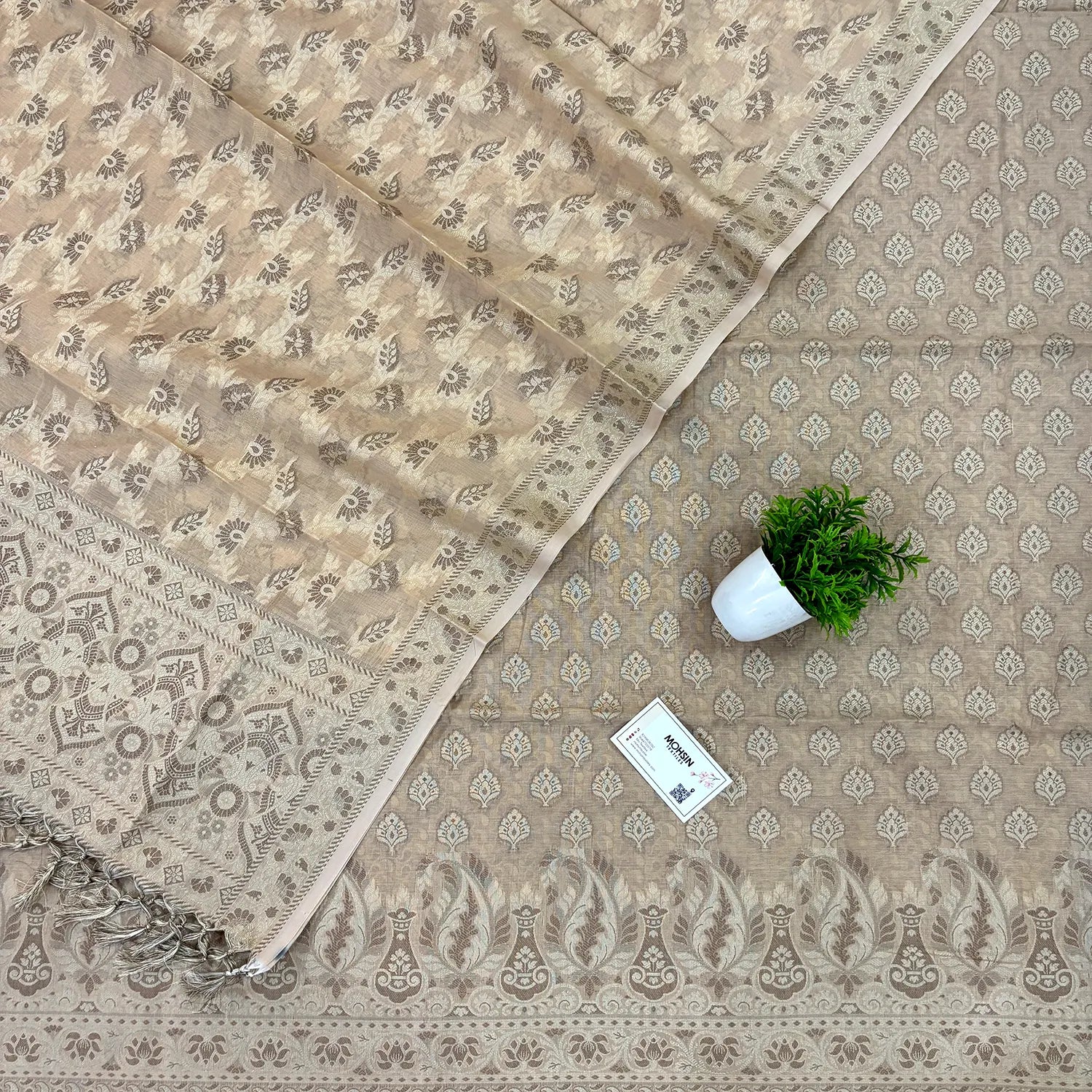 Beige Surahi Tree Cotton Silk Banarasi Suit