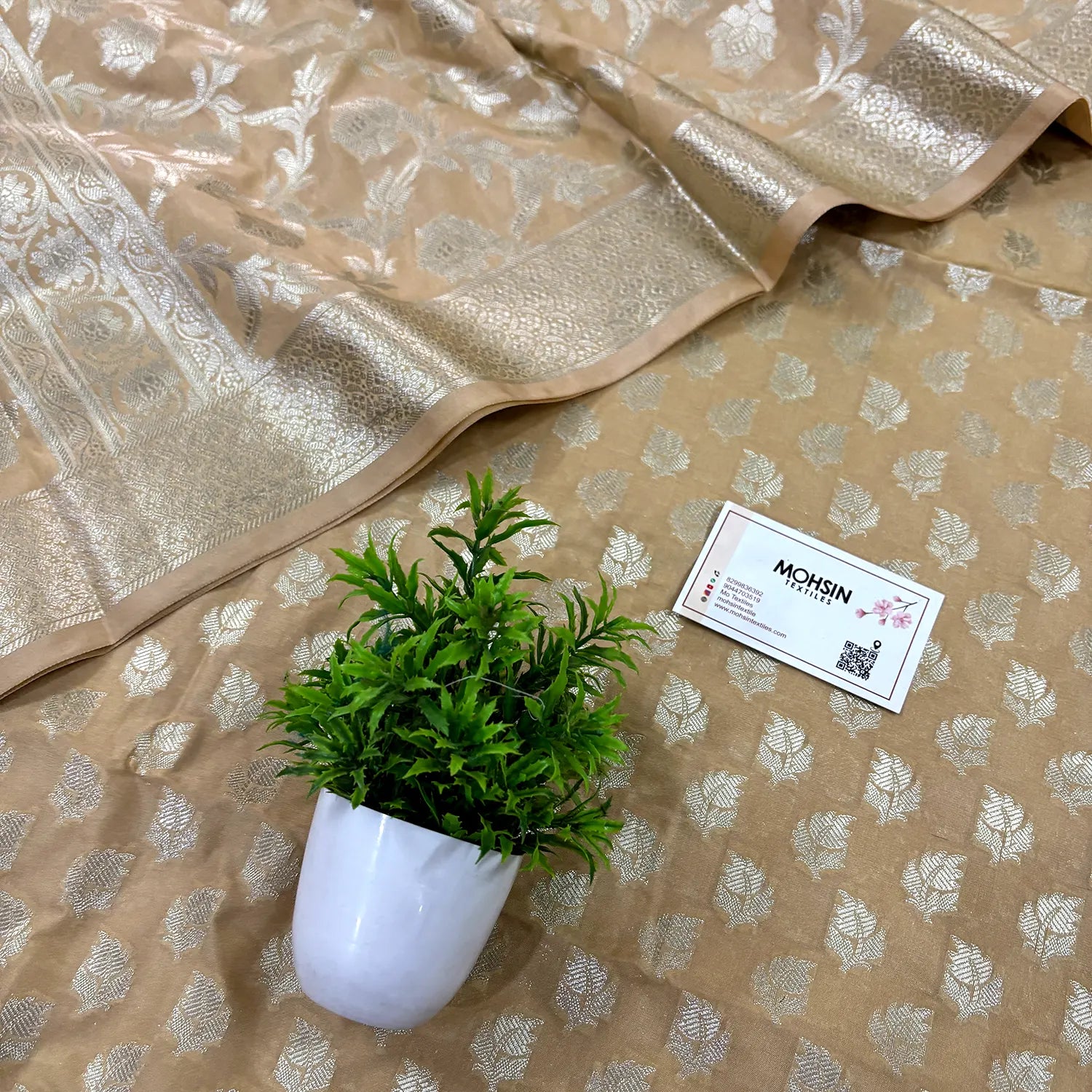 Beige Tedhi Patti Katan Silk Banarasi Suit