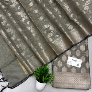 Beige Tri Phool Linen Silk Banarasi Suit