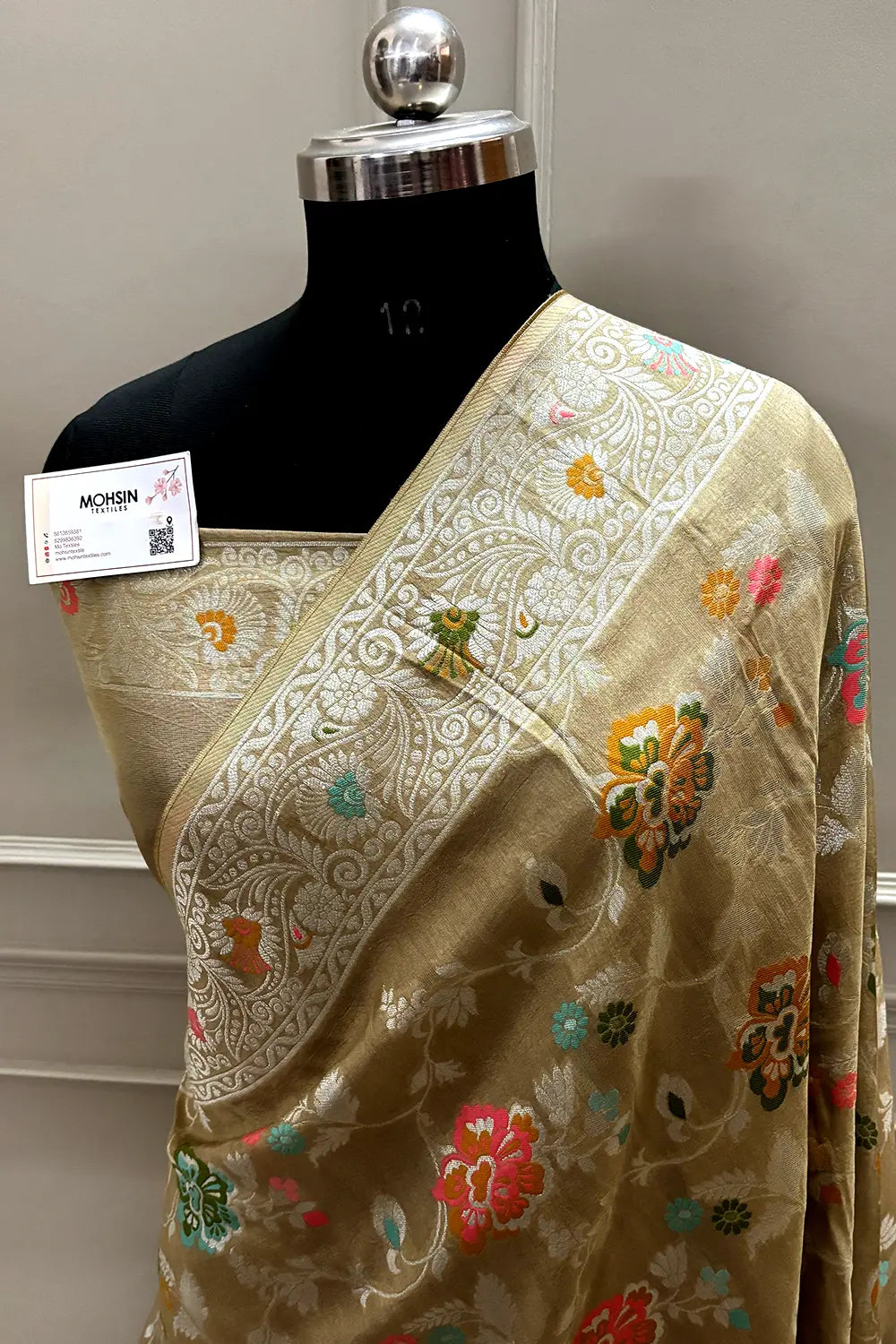 Beige Zari Tussar Georgette Silk Banarasi Saree