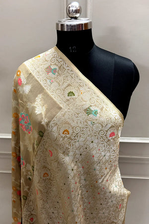 Beige Zari Tussar Georgette Silk Banarasi Saree