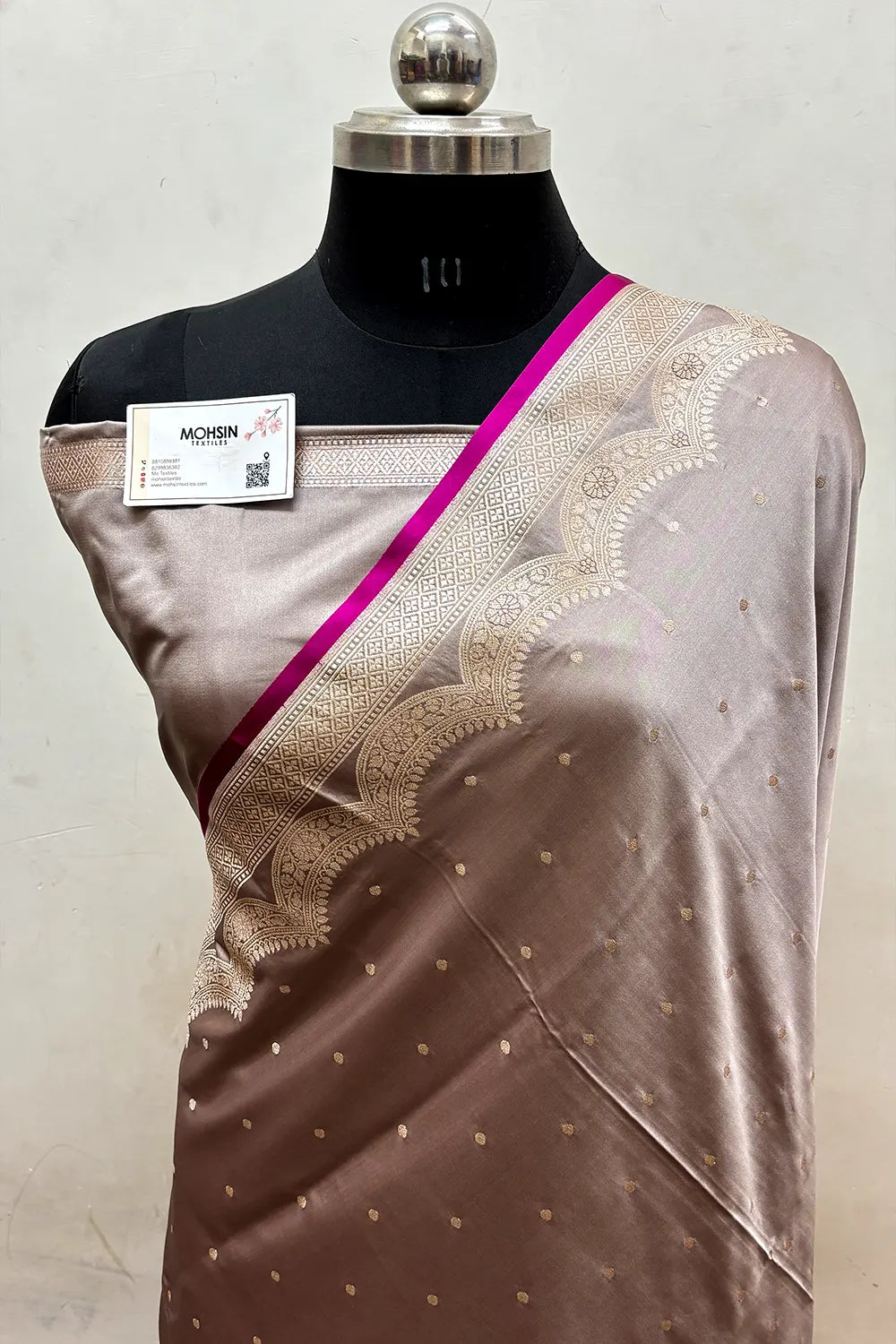 Beige Zari Katan Mashru Silk Banarasi Saree