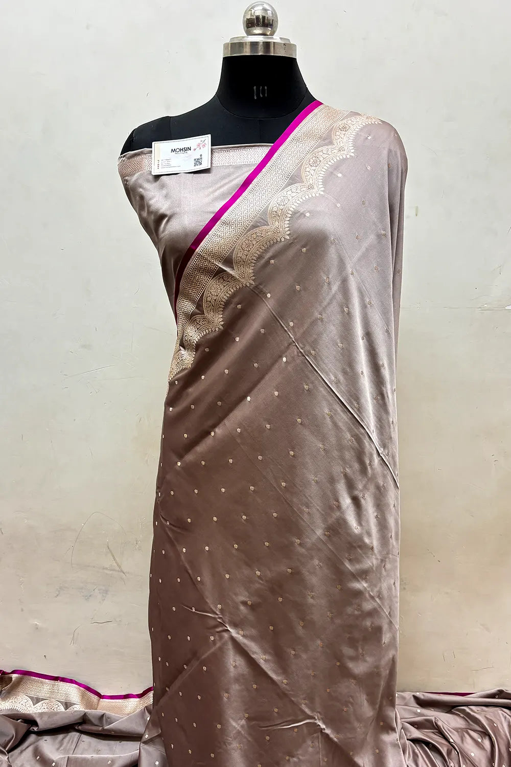 Beige Zari Katan Mashru Silk Banarasi Saree