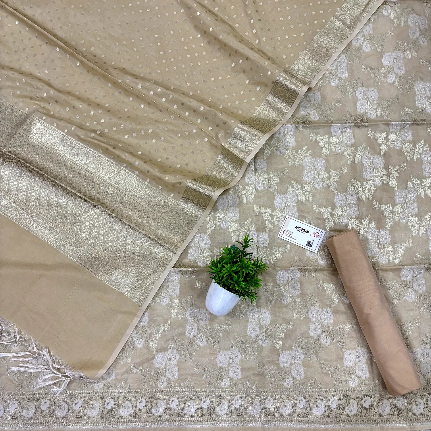 Beige Zari Katan Silk Banarasi Suit