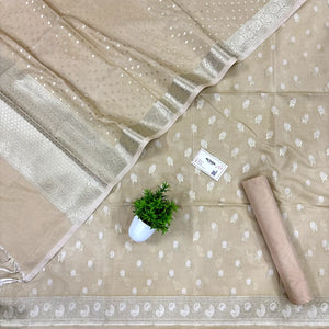 Beige Zari Katan Silk Banarasi Suit