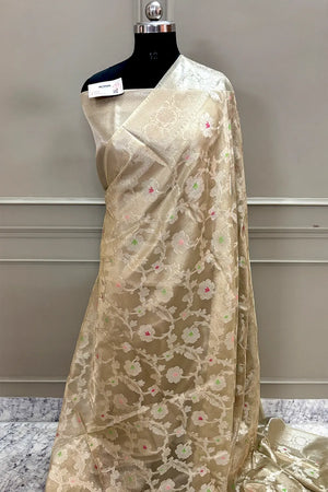 Beige Zari Tissue Silk Banarasi Saree