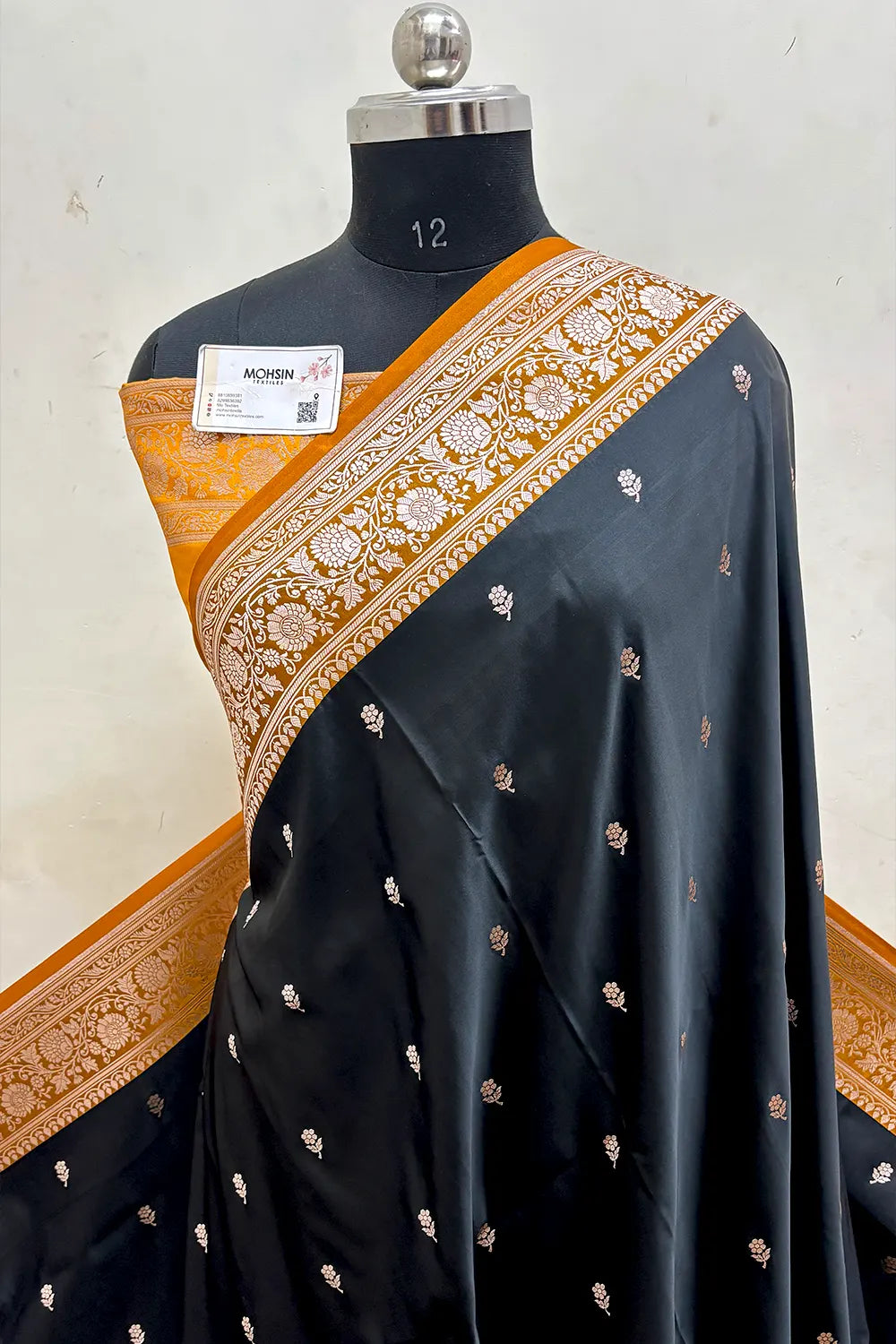 Black and Mustard Lily Buti Katan Mashru Silk Banarasi Saree