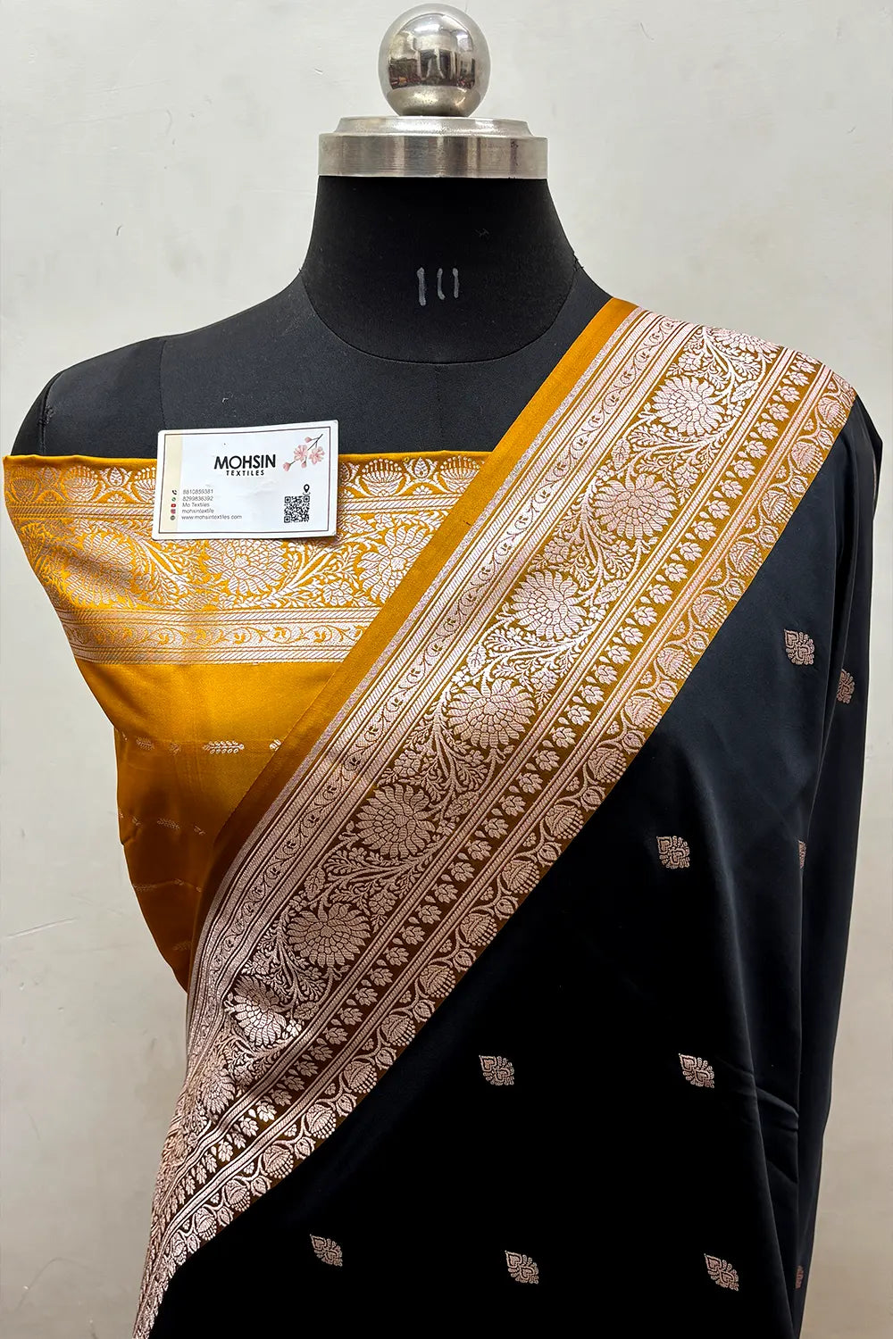 Black and Mustard Zari Katan Mashru Silk Banarasi Saree